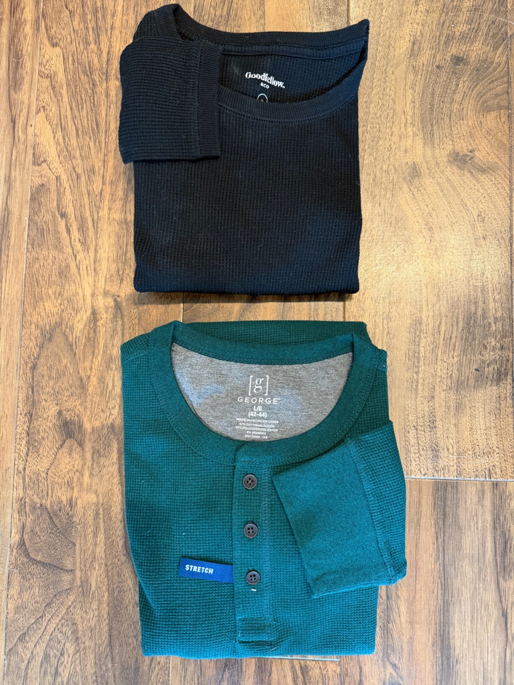 Green & Black Waffle Knit Crewneck Long Sleeve Shirts - Set of 2